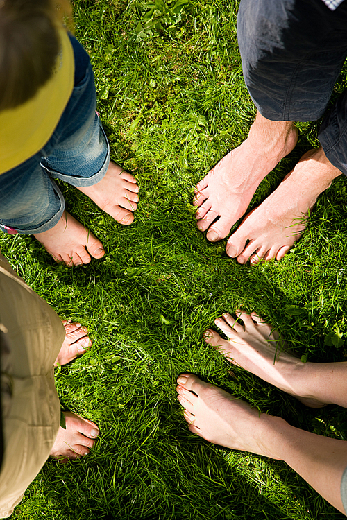 Healthy feet series: feet of men and women of different ages standing in a circle in the grass with daisies|seen from above