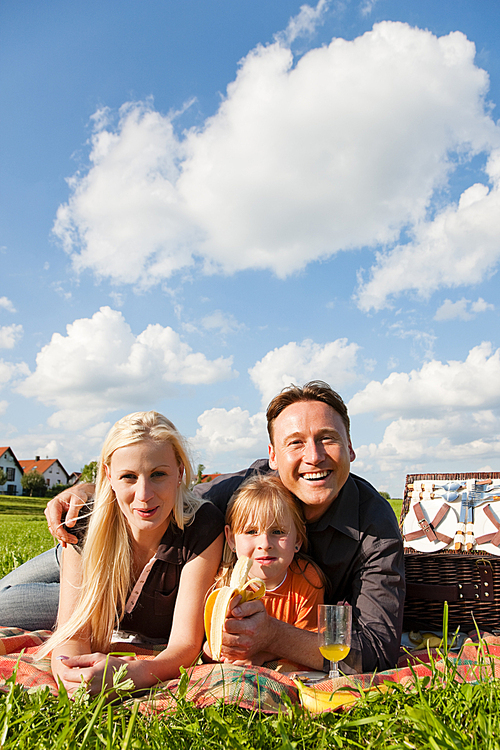 Family - father|mother and daughter child - having a picnic on a green meadow on a beautiful and bright summer day