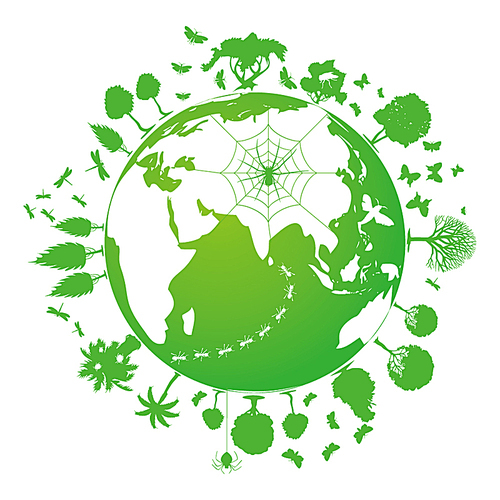 Green planet. Green planet of plants and insects. A vector illustration