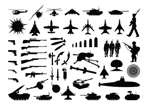 Military collection. Silhouettes of the various weapon and engineering. A vector illustration
