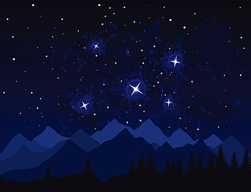 Night in mountains. Galaxies and stars in space. A vector illustration