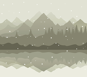 Winter mountains. Snow goes on mountain lake. A vector illustration