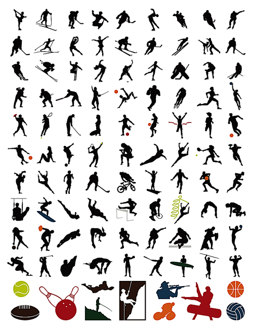 Collection of silhouettes of sportsmen. 100 silhouettes of sportsmen and stock. A vector illustration