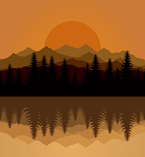 Decline. Sunset on mountain lake. A vector illustration