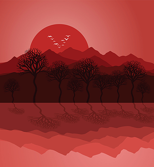 Sunset on mountain lake. A vector illustration