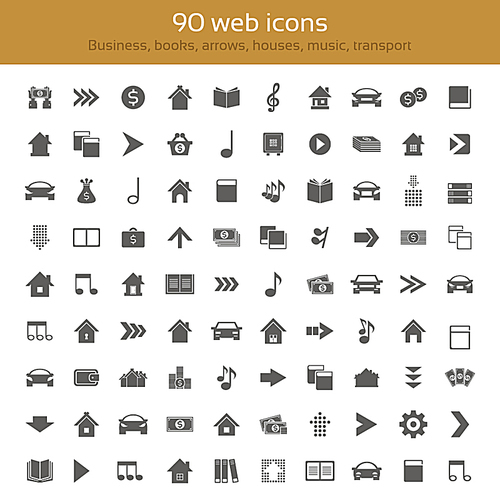 Set of icons for web design. Collection themes: businessarrowshousesmusicBookstransport