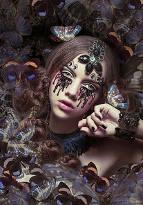 Inspiration. Woman with Fantastic Teardrops and Butterflies
