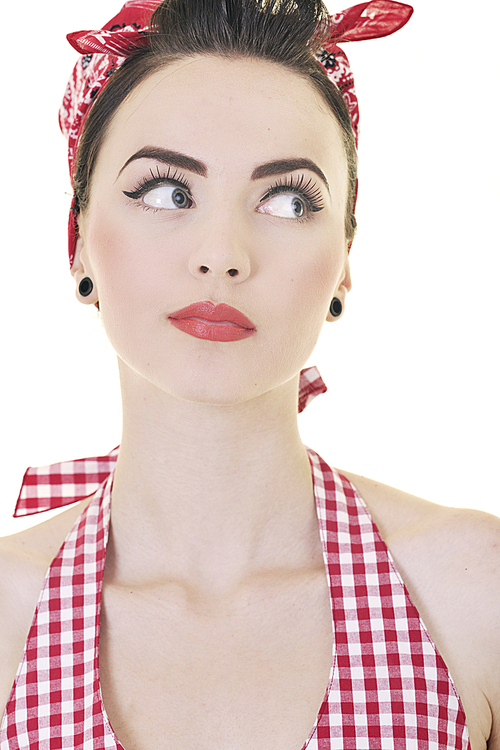 beautiful young woman isolated on white in studio in old fashion clothes representing pinup and retro style