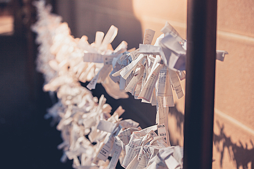 Paper prayers outside a  temple in Japan