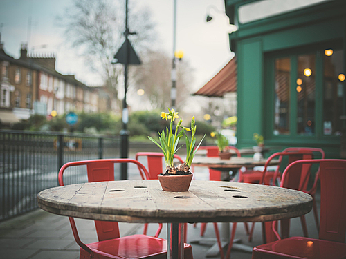 A table decorated with lillies outside a cafe in the street on a winter’s day