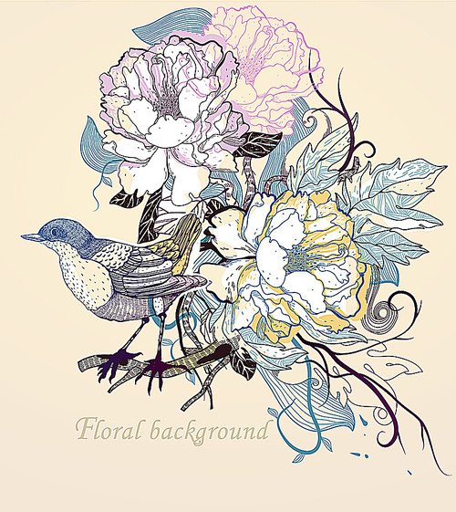 vector illustration of a little bird and blooming roses