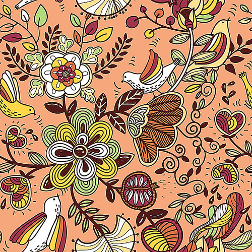 vector floral seamless pattern with pretty birds and flowers