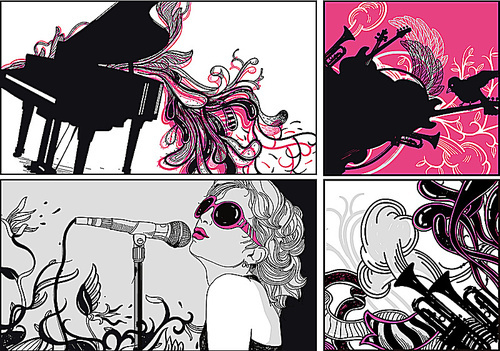 vector set of 4 music cards with a piano|trumpets|and other instruments and a girl singing a song
