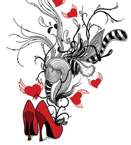 vector illustration of  red fashion shoes with abstract plants and flying hearts
