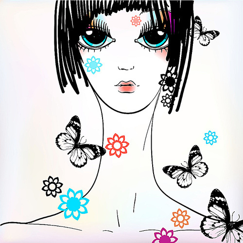 vector illustration of a pretty girl with flowers and butterflies
