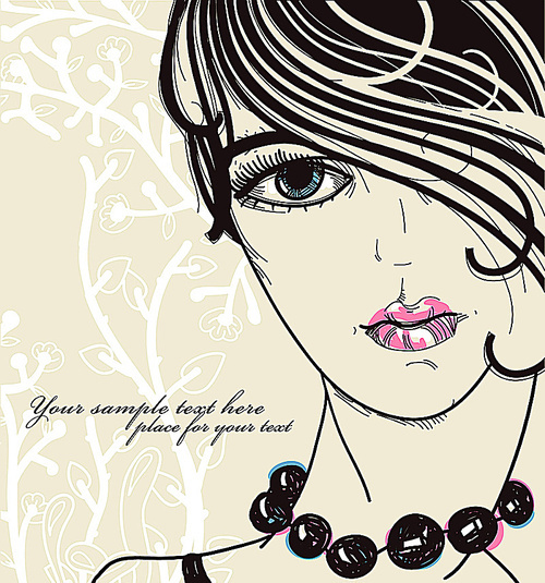 vector illustration of a beautiful young girl with bright lips on a floral background