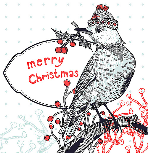 Christmas vector illustration of a  winter bird in a  knitted hat with holly berries