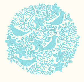 vector illustration of an abstract floral circle with blue birds and plants