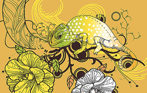 Vector illustration of a colorful  chameleon and blooming flowers on an abstract background