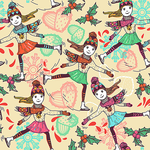 Christmas vector seamless pattern with pretty skaters