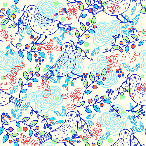 vector floral seamless pattern with blue birds and colorful plants