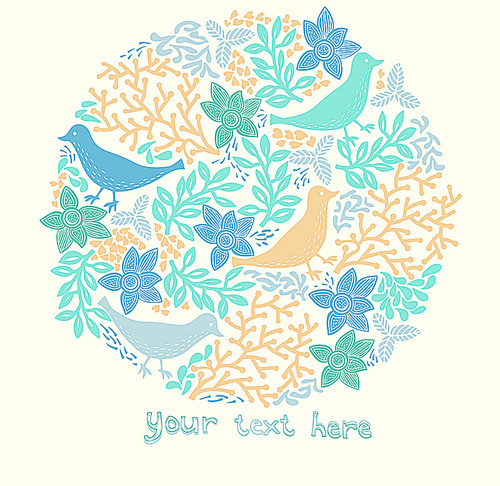 vector illustration of a floral circle with bright  plants and birds