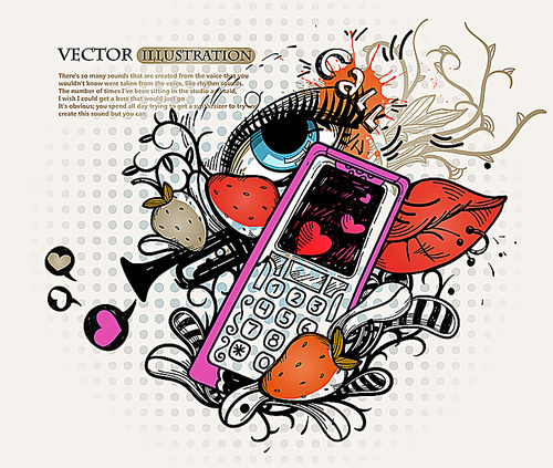 vector mix  of colorful abstract phone|plants|beries|lips and an eye