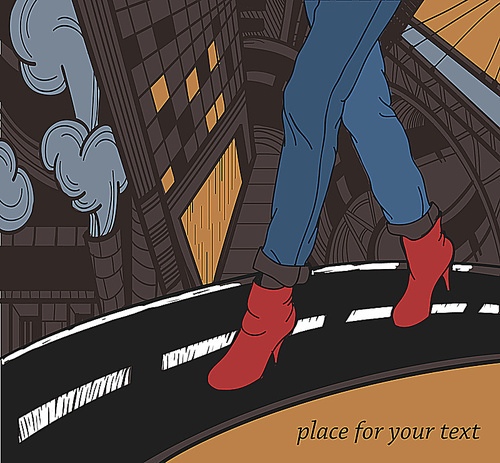vector illustration of an urban girl in a red shoes  walking through the city