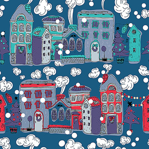 Christmas vector seamless pattern with colored decorated houses