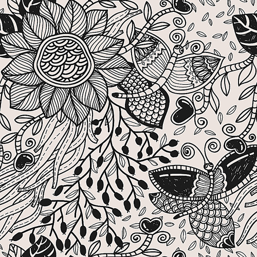vector floral seamless pattern with plants|flowers and butterflies