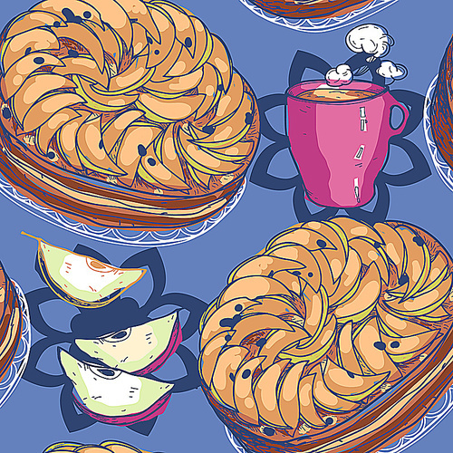 vector  seamless pattern with apple pies and cups of tea