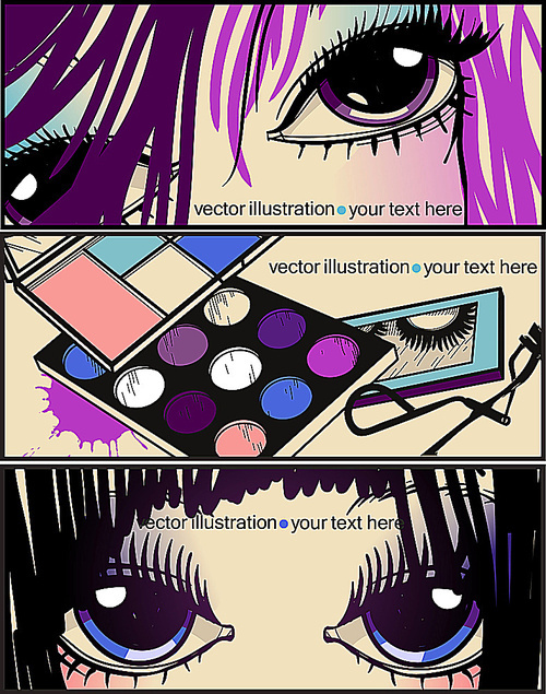 vector set of 3 cards with pretty eyes and make up