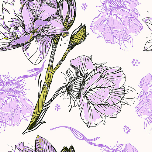 vector floral seamless pattern with violet blooming flowers