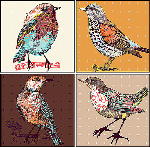 vector set of hand drawn cards with colorful birds