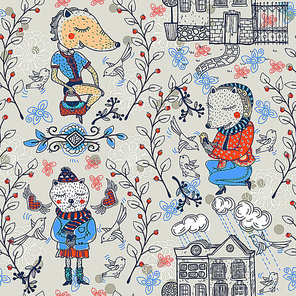 vector  seamless pattern with funny animals and vintage houses