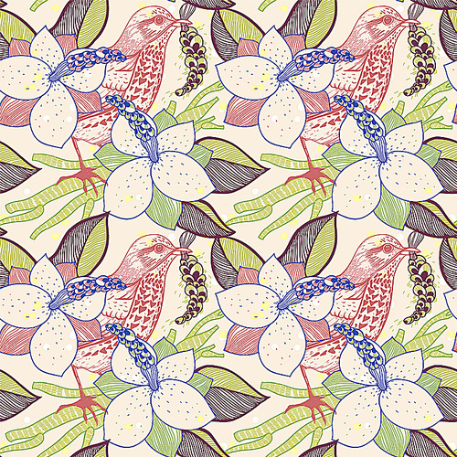vector floral seamless pattern with brown birds and blooming magnolia
