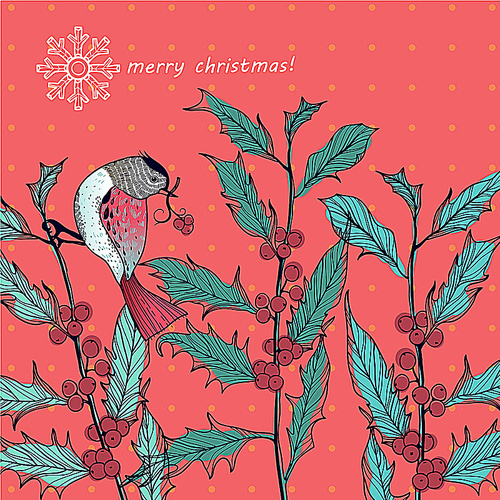 Christmas vector illustration of a little bird and holly