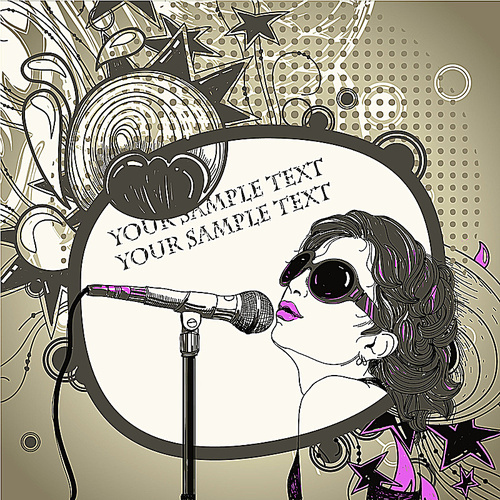 vector frame with a young singer with pink lips singing a song on an abstract floral background