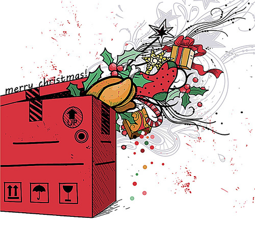 vector christmas illustration of a red box with christmas turkey and colorful gifts