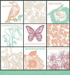 vector set of hand-drawn floral cards and seamless s