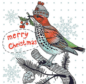 Christmas vector illustration of a winter bird in a knitted hat