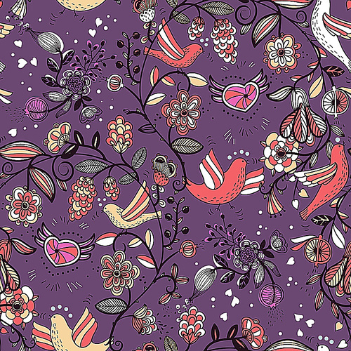vector floral seamless pattern with birds|hearts and flowers