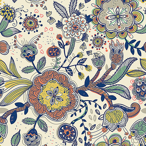vector floral  seamless pattern with blooming flowers and fruits