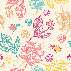 vector seamless floral pattern with plants and beetles