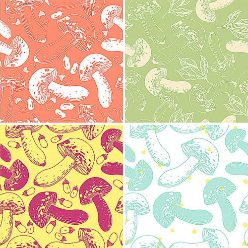 vector set of colorful patterns with plants and mushrooms