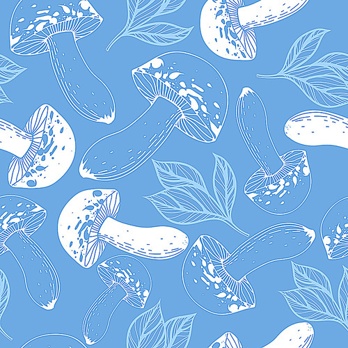 vector seamless pattern  with leaves and mushrooms