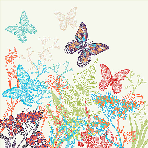 vector illustration of a blooming summer field with colorful butterflies