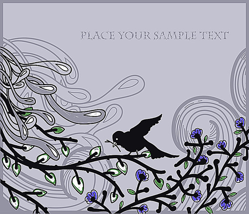 vector illustration of a  blossoming tree and a black bird