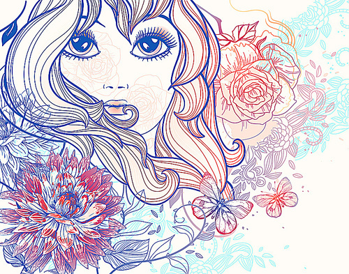 vector illustration of a beautiful girl and blooming flowers