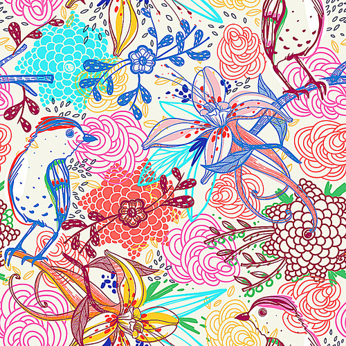 vector floral  seamless pattern with fantasy flowers and birds